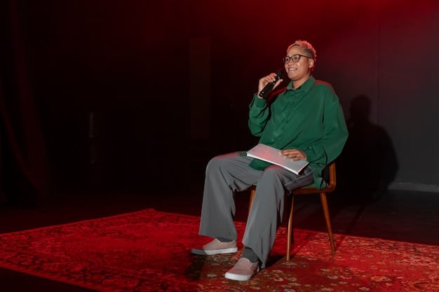 A critic sits in a dark movie theater, illuminated by the screen, meticulously taking notes with an old-fashioned notepad and pen.