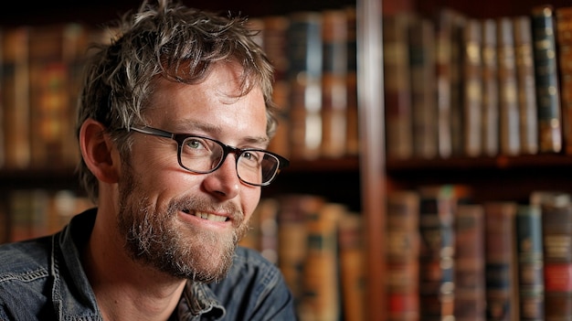 A headshot of A.O. Scott, a middle-aged man with glasses, a thoughtful expression, and a backdrop of books, suggesting intellect and depth.