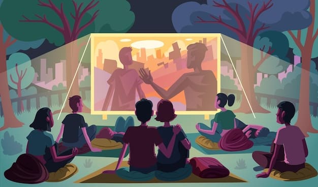 A split image: On one side, a positive review snippet praising an animated film. On the other, a crowd of people happily exiting a movie theatre.