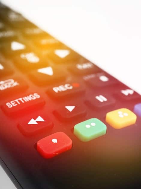 A close-up of a remote control with various streaming service app icons on a TV screen in the background, highlighting the accessibility and choice.