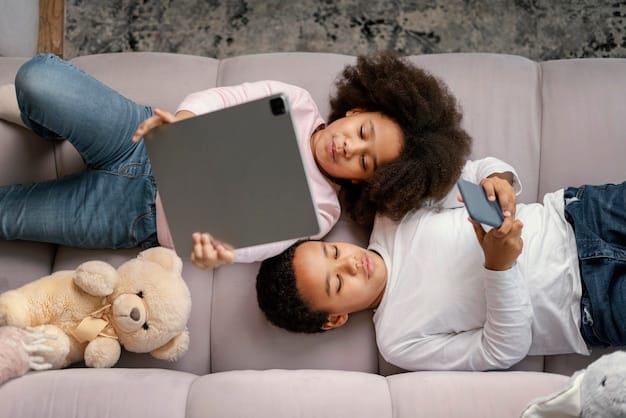 A parent and child sitting together on a couch, looking at a tablet, with the parent pointing at the screen and explaining something about online safety. The atmosphere is warm and supportive.