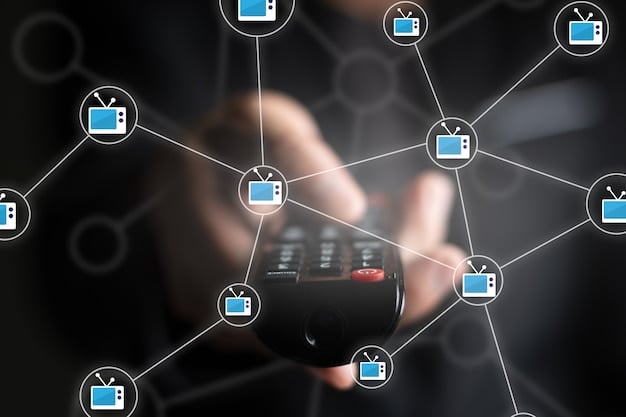 A digital representation of a network with interconnected devices, each streaming content. The devices are spread across different locations, highlighting the challenge of monitoring account sharing beyond a single household. The image uses a futuristic, tech-focused design.