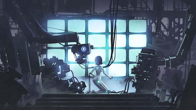A futuristic movie studio setting where AI assistants are helping human directors and actors with various aspects of film production.