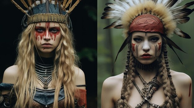 A split image contrasting two scenarios: on one side, a person wearing Native American headdress as a fashion statement (cultural appropriation), and on the other side, a Native American elder sharing the significance of the headdress with respect and proper context (cultural appreciation).