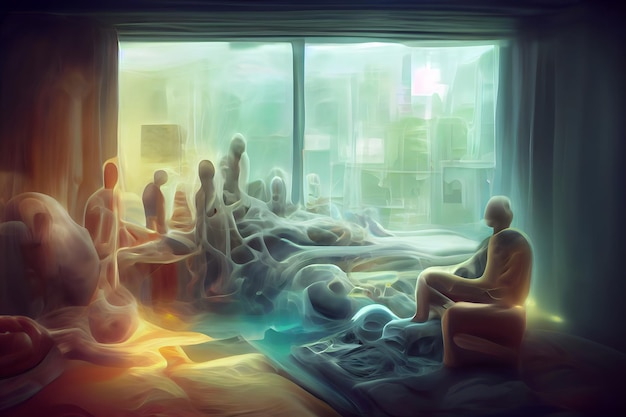 A visual representation of echo chambers, showing people clustered in groups, each hearing only voices that agree with their own beliefs.