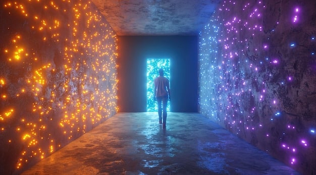 A person standing inside Yayoi Kusama's Infinity Mirror Room, surrounded by reflective surfaces and colorful lights, creating a sense of endless space.