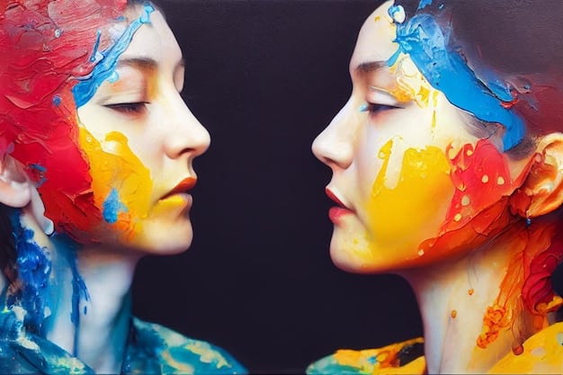 A split image showing a traditional artist with paintbrushes on one side and an AI interface generating art on the other, illustrating the contrast and comparison between human and AI creativity.