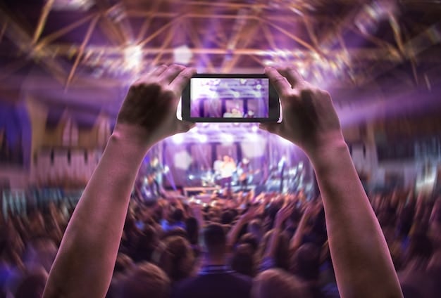 A digital illustration of a concert scene with fans holding up their phones displaying NFT tokens and interacting with a virtual artist on stage, representing the Web3 integration into live music experiences.