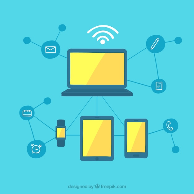 A graphic showing various interconnected devices (smartphones, tablets, laptops) displaying different types of user-generated content (blog posts, videos, music tracks), all linked by a network of copyright symbols. This represents the widespread impact of copyright law on digital content creation.
