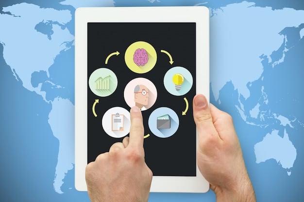 A visual representation of a licensing agreement, displayed on a digital tablet, surrounded by icons representing the various types of content that can be licensed (music notes, film reels, writing quills, paintbrushes).