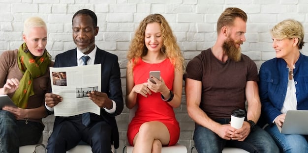 A collage of diverse individuals of various ages and ethnicities watching different news programs on television, tablets, and smartphones. The collage represents the diverse audiences and platforms consuming news today.