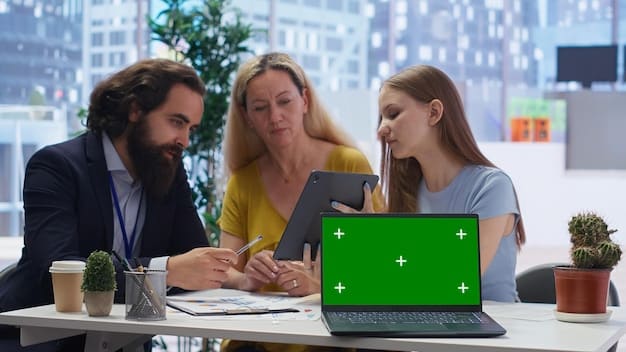 A group of campaign strategists brainstorming around a table, with laptops displaying data analytics and ad performance metrics. The scene represents the data-driven approach campaigns must adopt to comply with new regulations.
