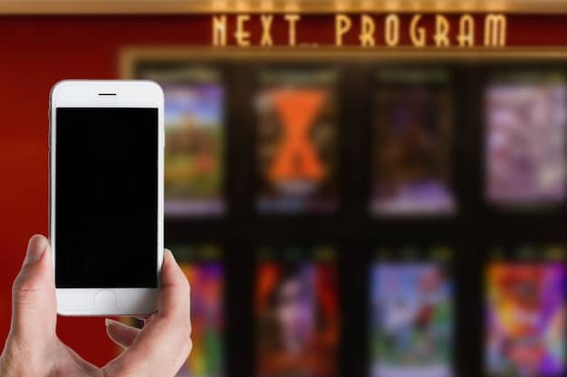 A close-up of a smartphone displaying a streaming app movie review section. The screen shows various movies with star ratings and short comments. Focus is on the contrast between the perceived high ratings and a skeptical facial expression of someone holding the phone.