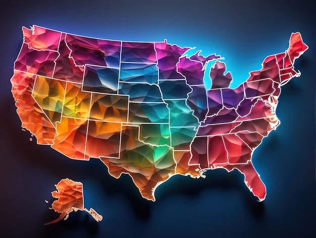A map of the United States, with different regions highlighted in various colors. Each highlighted region has a small icon representing a specific streaming service, such as Netflix, Hulu, or Amazon Prime Video. The icons are subtly different in each region, suggesting varying content libraries.