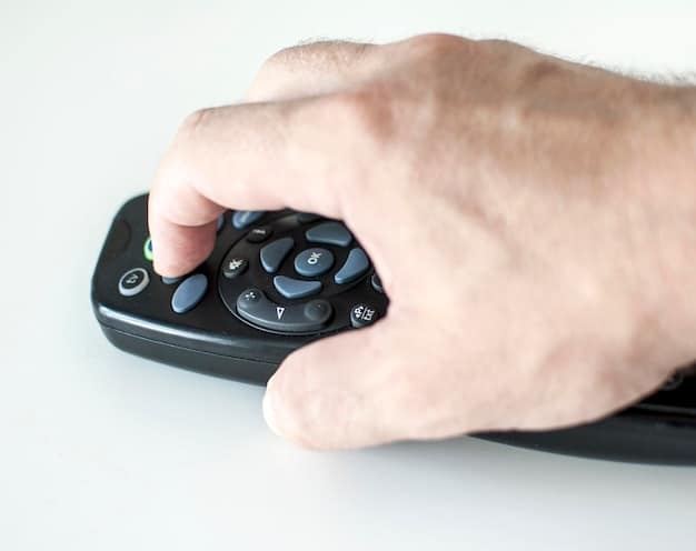 A close-up shot of a person's hands holding a remote control pointed towards a 4K HDR television displaying a vibrant and detailed scene from a popular streaming service (like Netflix, Disney+, or Amazon Prime Video). The focus is on the user interaction and the visual quality of the streamed content.