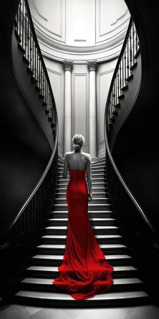 A black and white photograph of Audrey Hepburn on a red carpet, wearing a classic, elegant gown, showcasing the sophistication of Hollywood's Golden Age fashion.