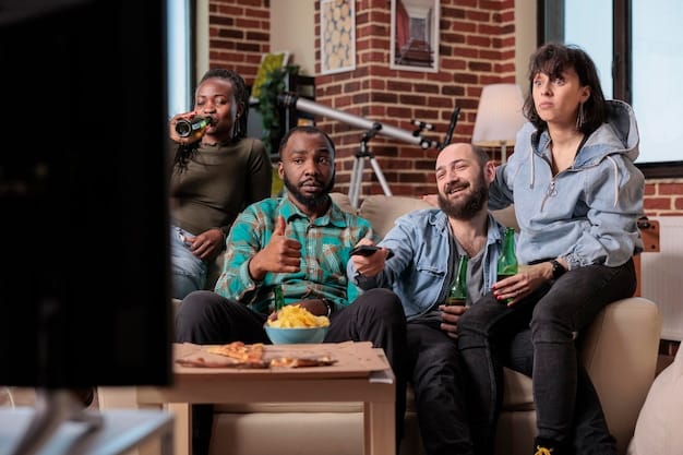 A split screen showing diverse groups of people watching TV. One side shows people watching different genres (comedy, drama, news), while the other side shows everyone watching the same show, representing a lack of diversity in programming choices.