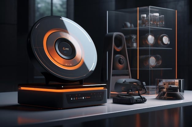 A high-end turntable setup with speakers and amplifier. The focus is on the intricate details of the equipment, highlighting the craftsmanship and precision engineering that audiophiles value. The room has acoustic treatment, suggesting a dedicated listening space.