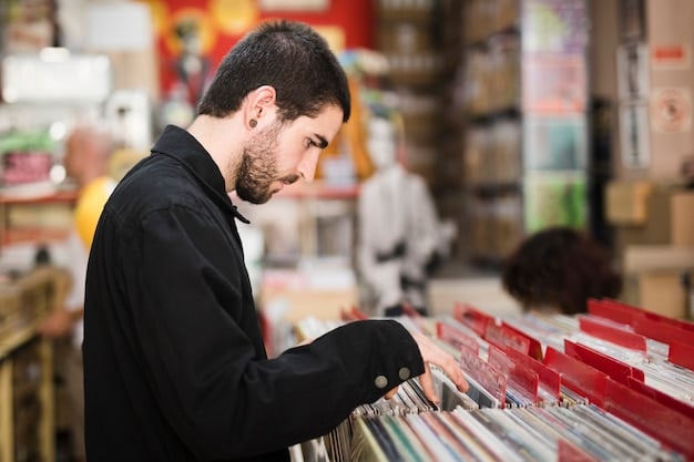 A person browsing through a selection of vinyl records at a record store. The focus is on the colorful album covers and the sense of discovery and excitement as the person flips through the records. The background is filled with other customers and the vibrant atmosphere of the store.