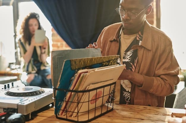 A millennial browsing through a selection of vinyl records in a record store, with a look of excitement and discovery on their face. The store is filled with colorful album covers and vintage posters.